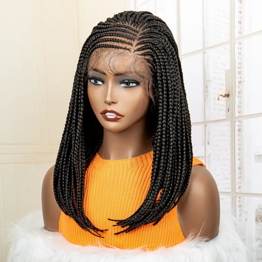 16 Inches Short Afro Bob Cornrow Braids Synthetic 13x4 Lace Frontal Natural Colour